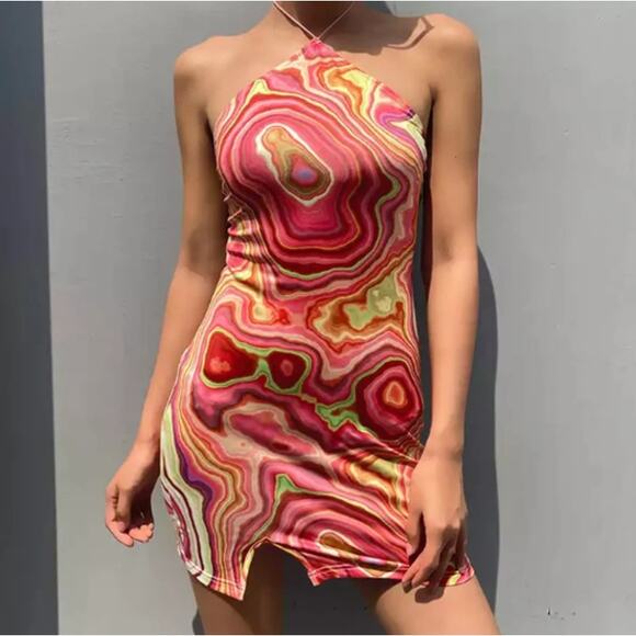 NWT Cider Psychedelic Marble Print Halter Mini Dress – Orange Pink Green XL - Picture 1 of 12